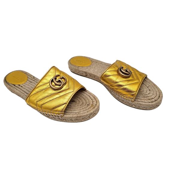 Gucci GG Quilted Leather Espadrille Flat Slide Sandal Size 41 US 11 Gold Leather - Picture 1 of 11